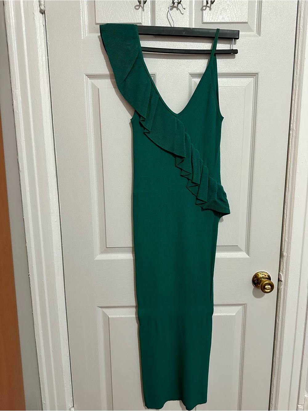 Zara Emerald Green One-Shoulder Ruffle Midi Dress